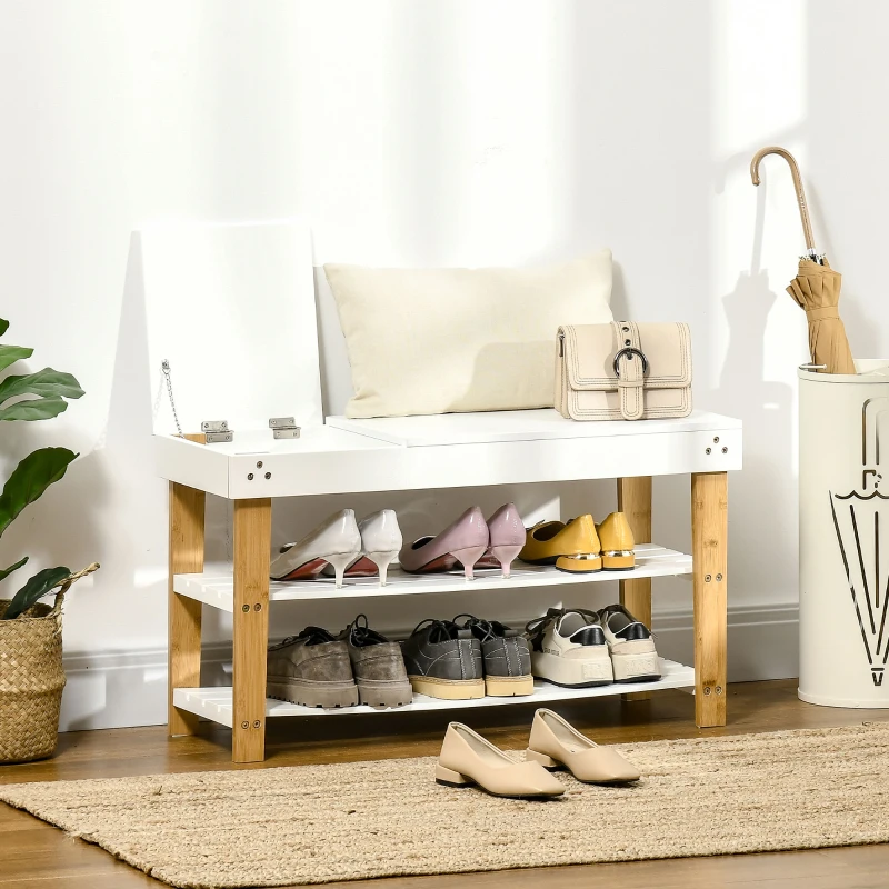 HOMCOM Banco Sapateira de Bambú Banco Sapateira com Baú de Armazenamento e 2 Prateleiras para 6 Sapatos 60x33x50cm Madeira e Branco