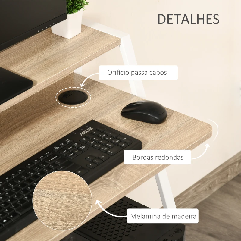 HOMCOM Secretária Mesa de Computador 84x45x85cm com Bancada de Madeira e Pés de Metal Estilo Moderno Carvalho e Branco