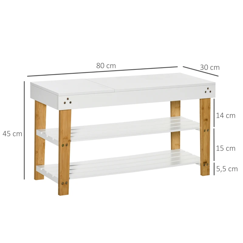 HOMCOM Banco Sapateira de Bambú Banco Sapateira com Baú de Armazenamento e 2 Prateleiras para 6 Sapatos 60x33x50cm Madeira e Branco