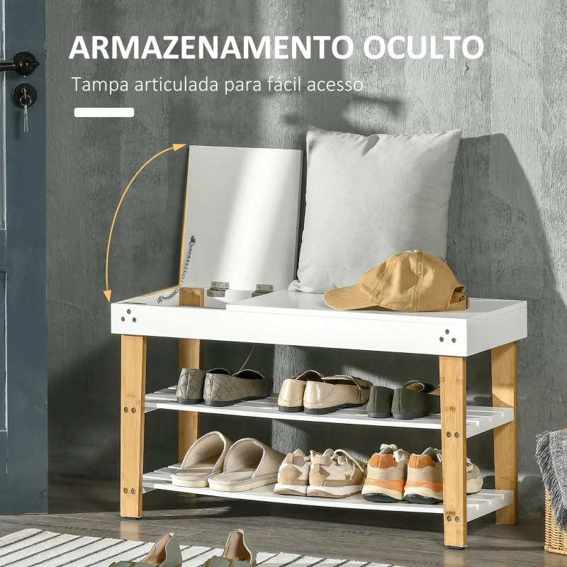 HOMCOM Banco Sapateira de Bambú Banco Sapateira com Baú de Armazenamento e 2 Prateleiras para 6 Sapatos 60x33x50cm Madeira e Branco