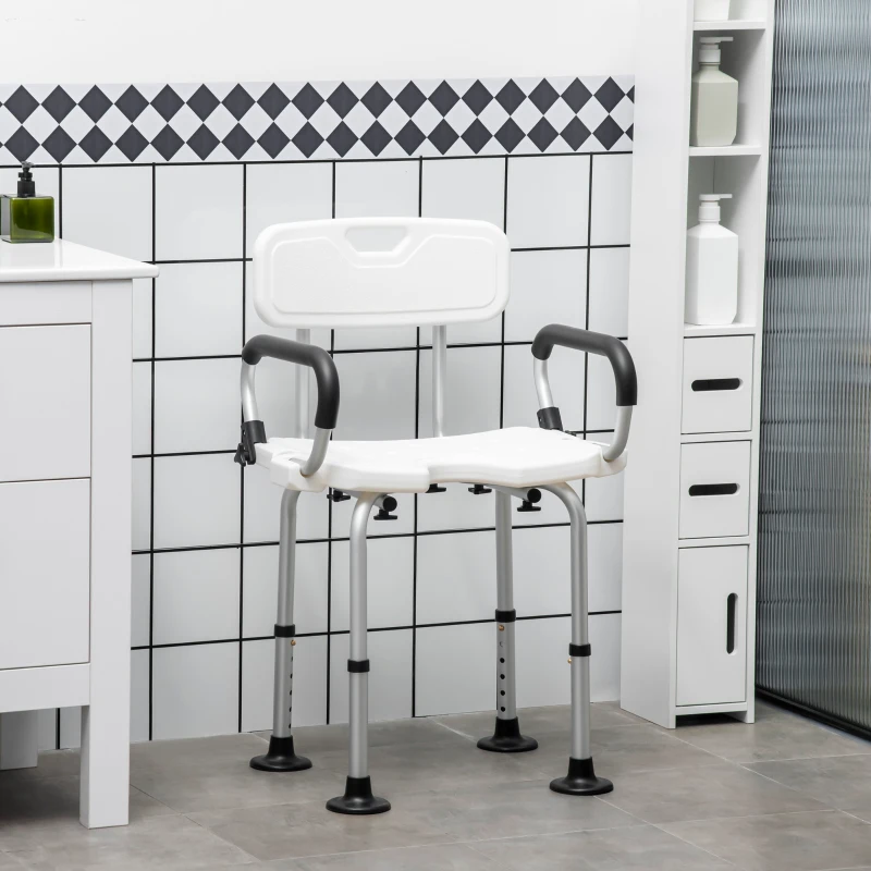 HOMCOM Cadeira para Duche Antiderrapante com Altura Ajustável de 6 Níveis e Apoio para os Braços Regulável 54x52x70-82cm Branco