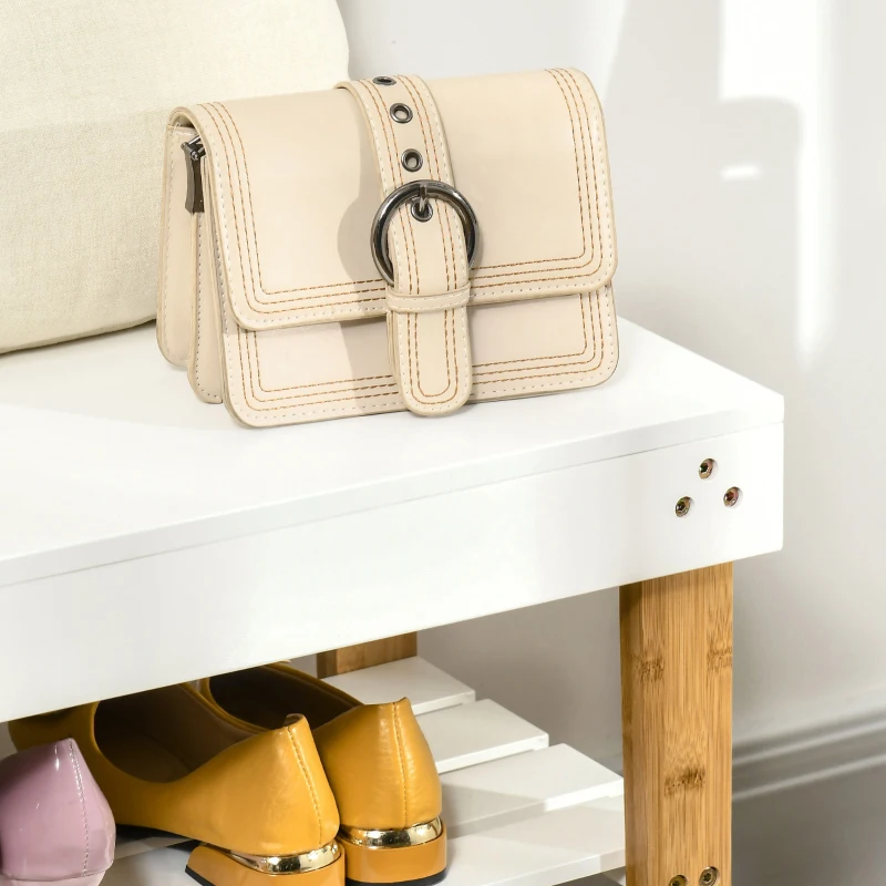 HOMCOM Banco Sapateira de Bambú Banco Sapateira com Baú de Armazenamento e 2 Prateleiras para 6 Sapatos 60x33x50cm Madeira e Branco