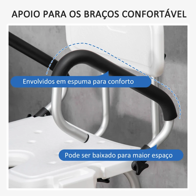 HOMCOM Cadeira para Duche Antiderrapante com Altura Ajustável de 6 Níveis e Apoio para os Braços Regulável 54x52x70-82cm Branco