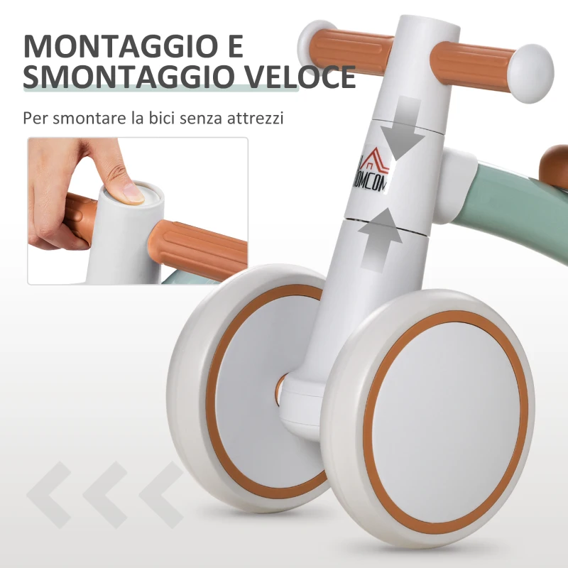 HOMCOM Bici senza Pedali per Bambini 1-3 Anni con Doppie Ruote, Gioco Cavalcabile in Lega di Alluminio, 60x24x37cm, Marrone Verde
