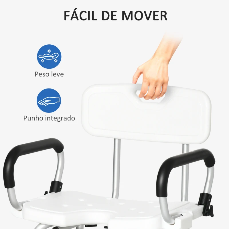 HOMCOM Cadeira para Duche Antiderrapante com Altura Ajustável de 6 Níveis e Apoio para os Braços Regulável 54x52x70-82cm Branco