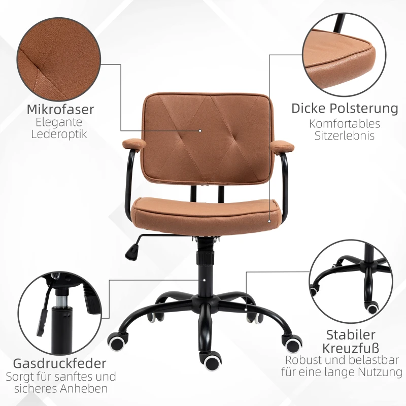 Vinsetto Office Chair with Casters Swivel Desk Chair for Office Height Adjustable with Tilt Function 360° Rotation Foam Brown 61 x 58 x 82-91 cm