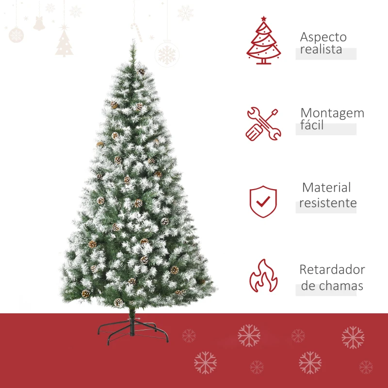 HOMCOM Árvore de Natal Artificial 180cm com 800 Ramos e 61 Pinhas Folhas de PVC com Efeito Neve Base Dobrável  Verde