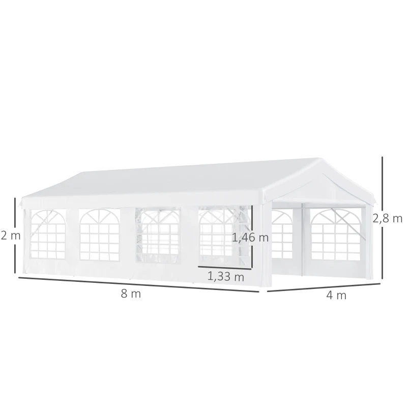Outsunny Tenda para Festas 8x4m Tenda de Jardim com 4 Paredes Laterais 8 Janelas para Festas Eventos Casamento Aço PE Branco
