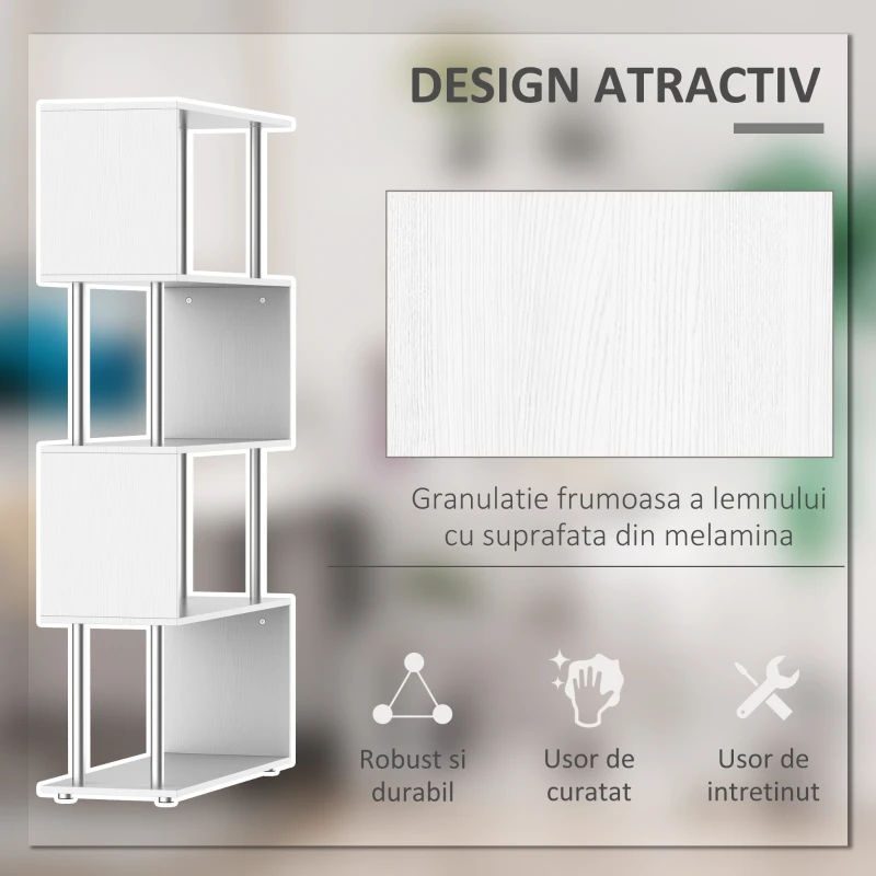HOMCOM biblioteca moderna, 4 rafturi, 80x30x145cm alb