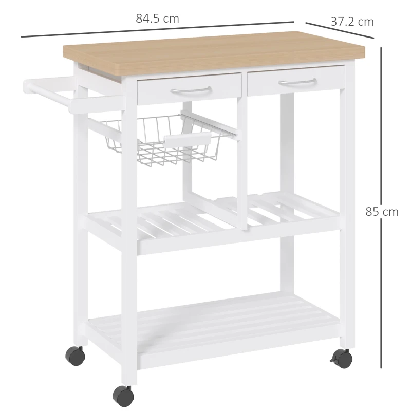 HOMCOM Carucior de Bucatarie in Lemn cu 2 Rafturi si Sertar,Alb 84,5x37,2x85cm