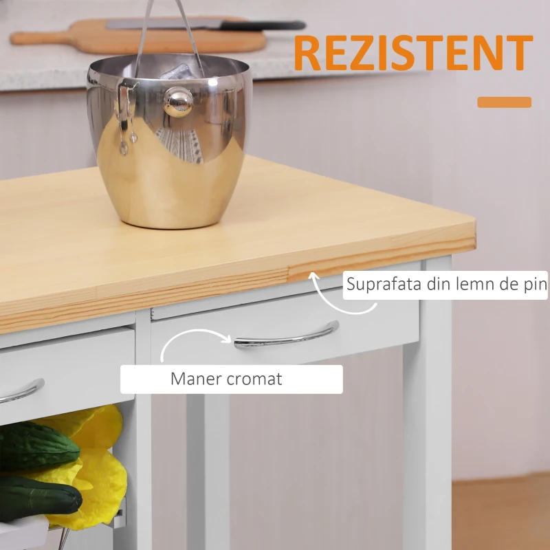 HOMCOM Carucior de Bucatarie in Lemn cu 2 Rafturi si Sertar,Alb 84,5x37,2x85cm