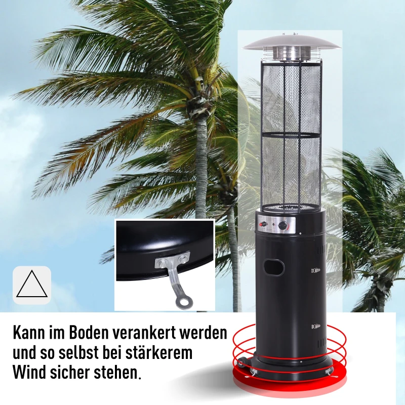 Outsunny® Gas Heizstrahler mit Rädern | Heizpilz | Edelstahl | Schwarz | 53 x 180 cm