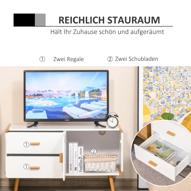 HOMCOM TV Schrank Lowboard Fernsehtisch TV-Kommode für Fernseher kleiner als 45'' mit 2 Schubladen und Schrank Wohnzimmer Bambus MDF Weiß+Natur 100 x 47 x 55,5 cm
