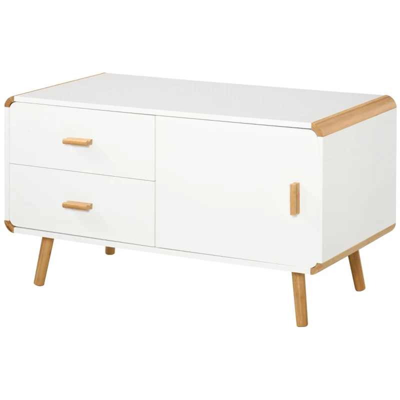 HOMCOM TV Schrank Lowboard Fernsehtisch TV-Kommode für Fernseher kleiner als 45'' mit 2 Schubladen und Schrank Wohnzimmer Bambus MDF Weiß+Natur 100 x 47 x 55,5 cm