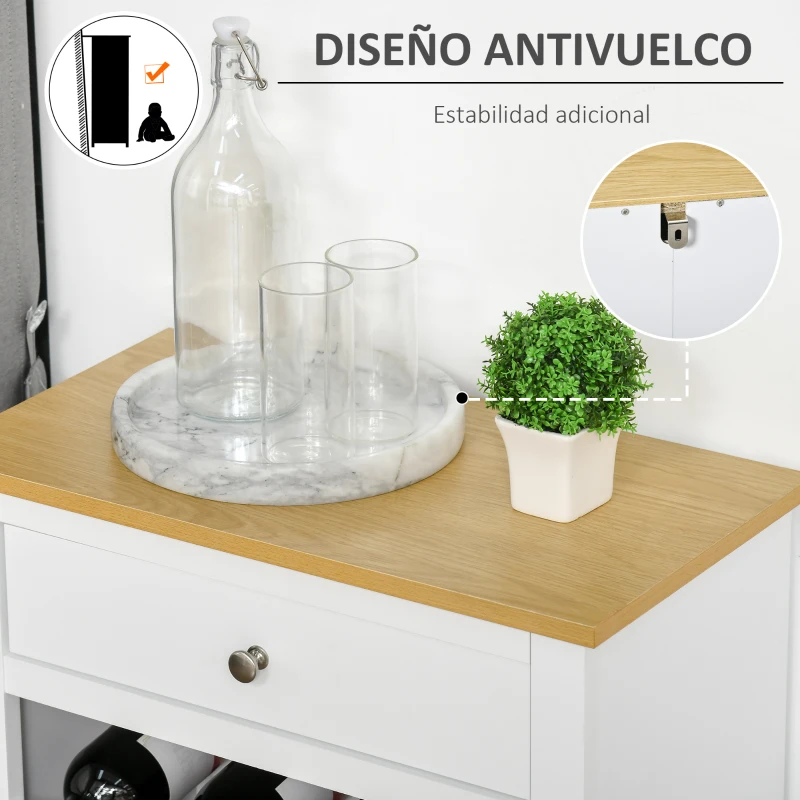 HOMCOM Aparador de Cocina Moderno con 1 Cajón y Botellero para 16 Botellas de Vino Armario Auxiliar 55x30x80 cm Blanco