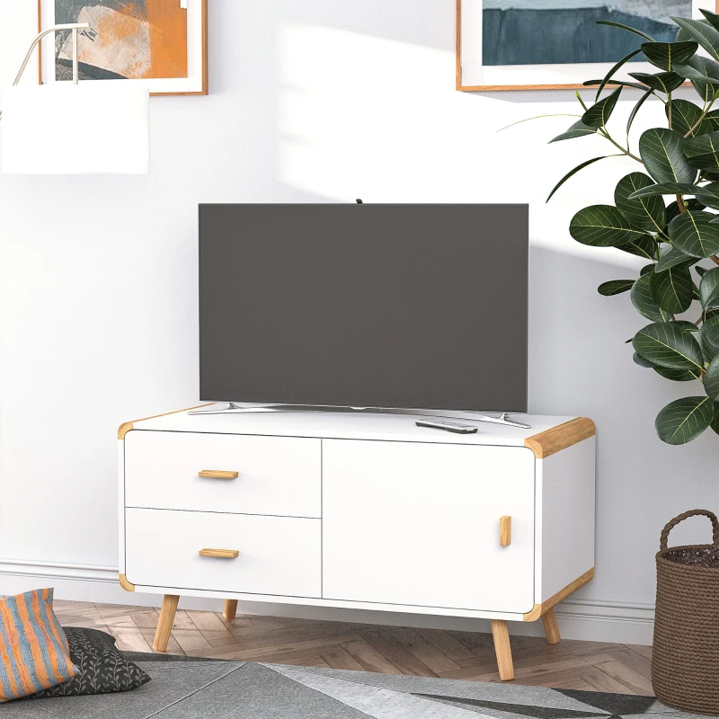 HOMCOM TV Schrank Lowboard Fernsehtisch TV-Kommode für Fernseher kleiner als 45'' mit 2 Schubladen und Schrank Wohnzimmer Bambus MDF Weiß+Natur 100 x 47 x 55,5 cm