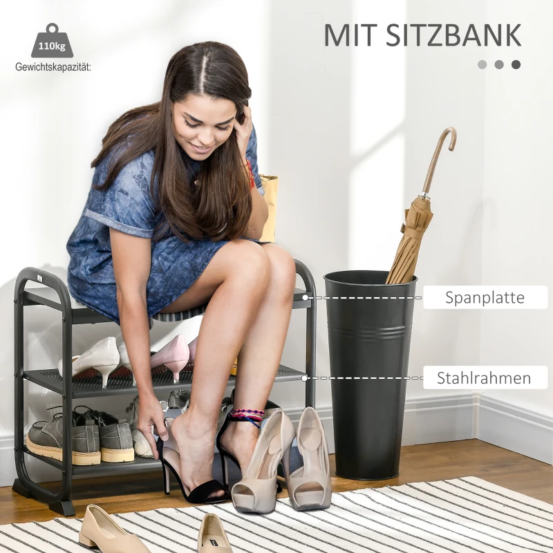 HOMCOM Schuhbank mit 3 Regalen Metall Schwarz