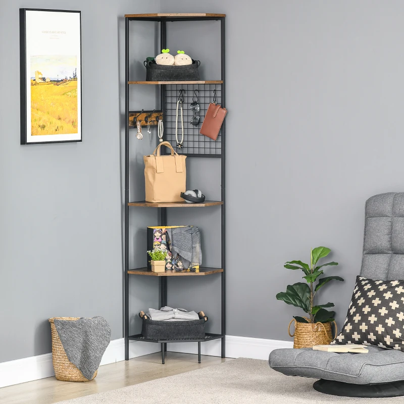 HOMCOM Standregal im Industrie-Design  inkl. Gitterwand mit Haken Schwarz + Natur