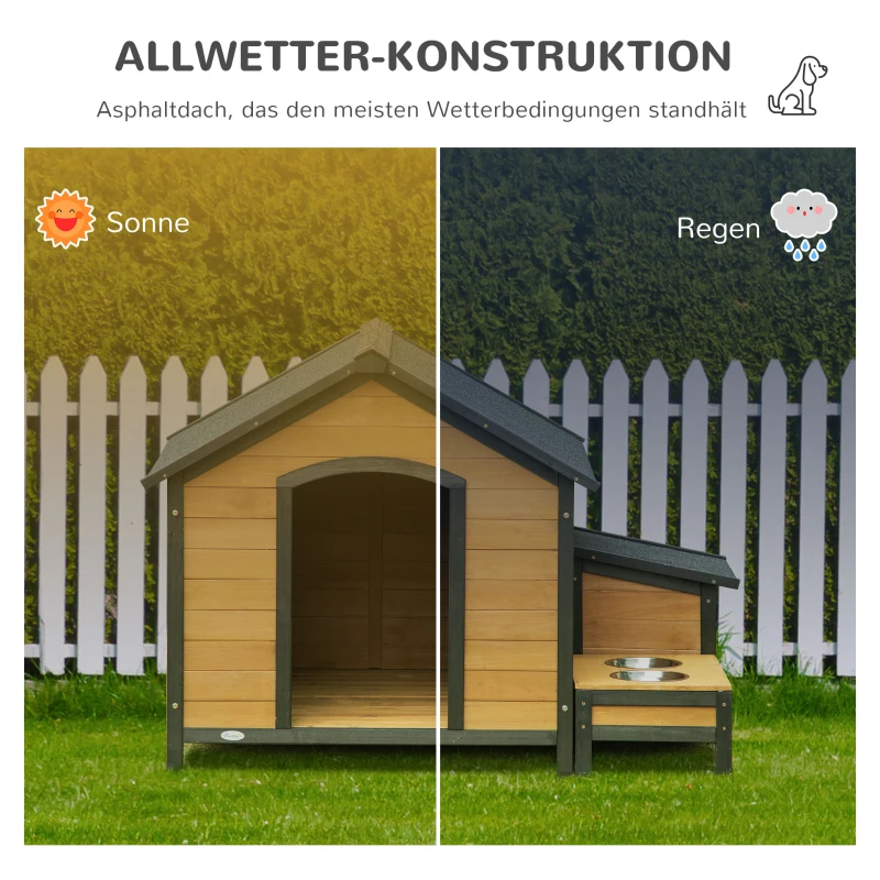 Buda dla psa PawHut z drewnem jodłowym i 2 miskami, Dach z papy asfaltowej, Odporna na warunki pogodowe, 130 x 93 x 92 cm