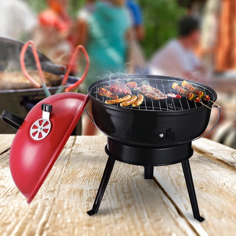 Outsunny waterkokergrill houtskoolgrill windscherm statiefvoet camping picknick draagbaar metaal rood + zwart Ø36.5 x 54 cm