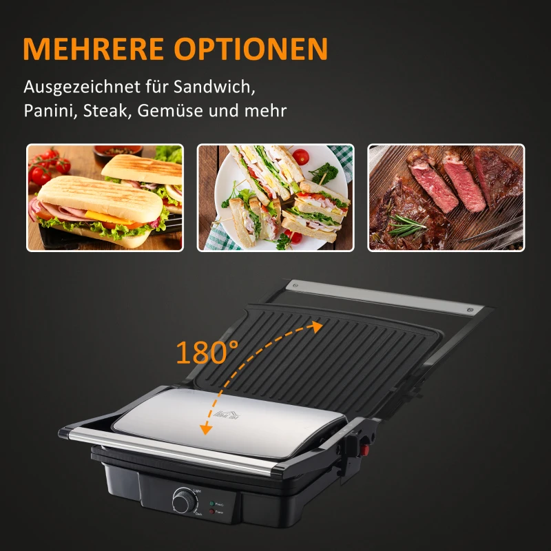 HOMCOM 2000W 3-1 Funktion Kontaktgrill Elektrogrill für 4 Scheibe Indoor-Grill antihaftbeschichtet Tischgrill mit regelbarem Thermostat 180 Grad aufklappbar Alu Stahl Silber+Schwarz 35,1x32,6x15,5 cm