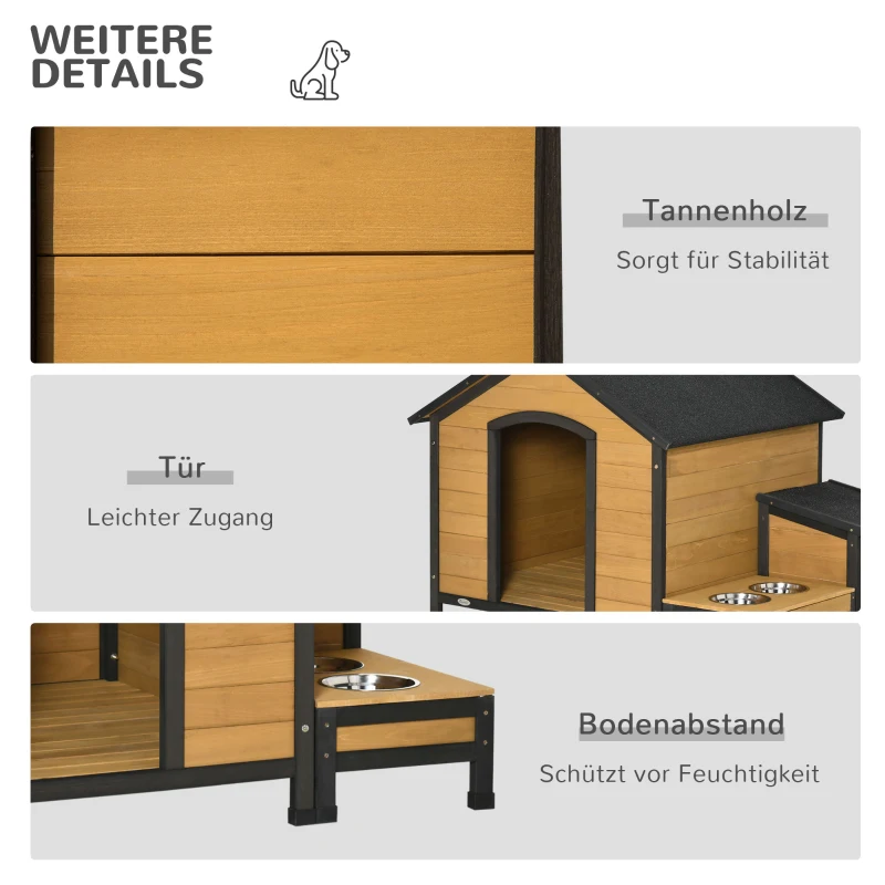 Buda dla psa PawHut z drewnem jodłowym i 2 miskami, Dach z papy asfaltowej, Odporna na warunki pogodowe, 130 x 93 x 92 cm