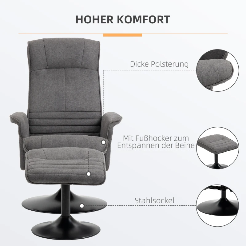 HOMCOM Relaxfauteuil met Voetenbankje, Verstelbare Rugleuning, 69 cm x 71 cm x 104 cm, Donkergrijs + Zwart