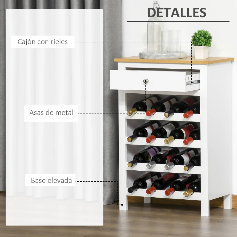 HOMCOM Aparador de Cocina Moderno con 1 Cajón y Botellero para 16 Botellas de Vino Armario Auxiliar 55x30x80 cm Blanco