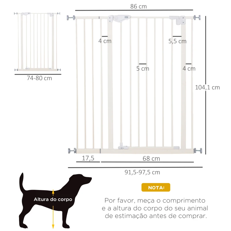 PawHut Barreira de Segurança para Portas e Escadas Barreira para Animais de Estimação com Fechadura Automática Extensível 17,5cm Metal 74-80/91,5-97,5x104,1cm Branco