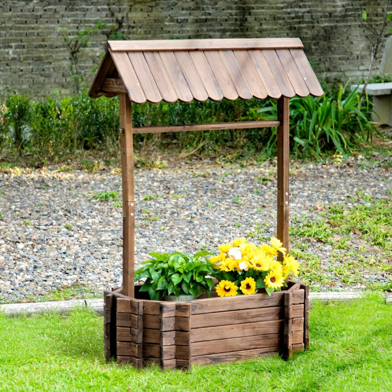 Outsunny verhoogd bed houten fontein met dak bloempot wensput plantenbak