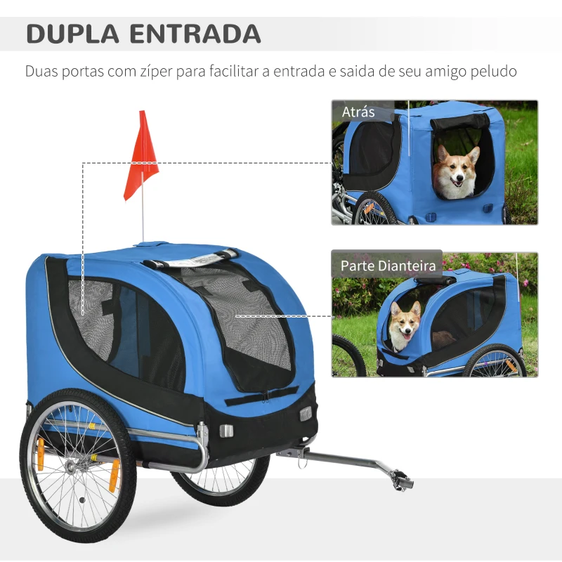 PawHut Reboque de Bicicleta para Cães Reboque de Bicicleta para Animais de Estimação com Bandeira Reflectores 130x73x90cm Azul