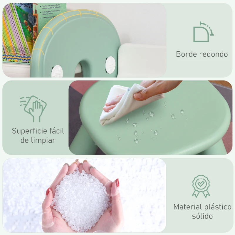 HOMCOM Juego de Mesa y Silla para Niños Pupitre Infantil 2 en 1 con 4 Estantes de Almacenaje para Libros Juguetes 150x35x62,5 cm Verde y Blanco