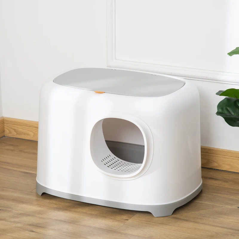 PawHut kattenbak met kap kattenbak met rooster bodemdeksel kunststof wit(m-10)