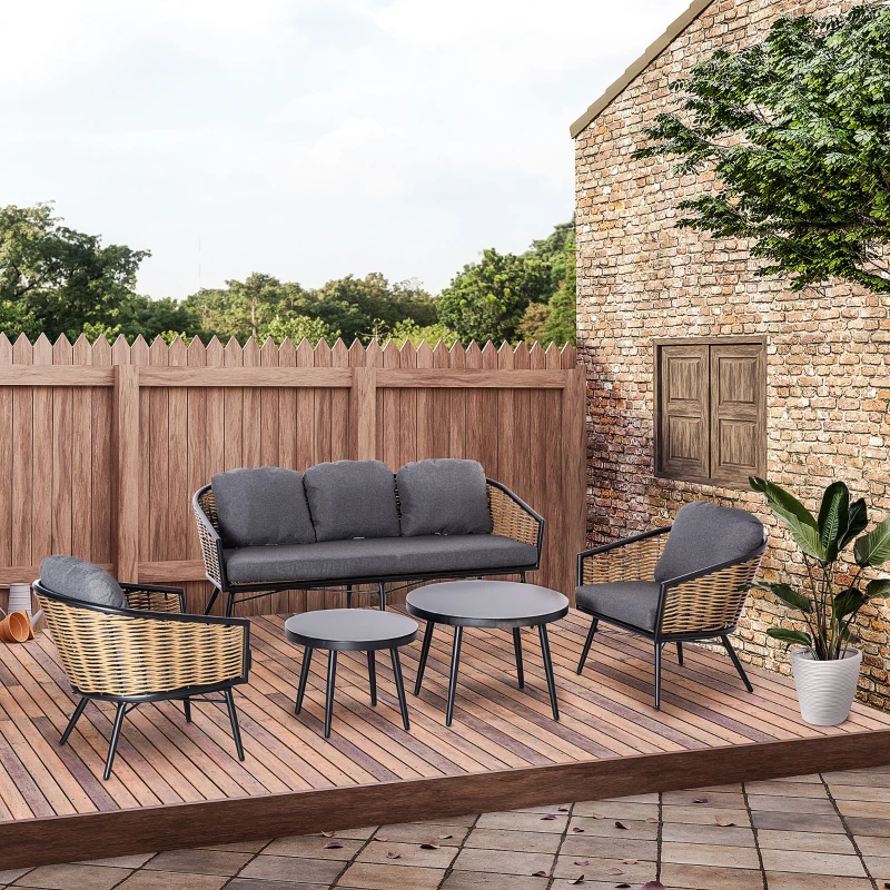Outsunny 5-delige polyrattan tuinmeubelset, theetafel met aluminium bankkussens