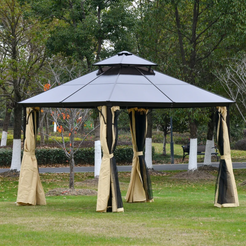 Outsunny Cenador para Jardín 3x3 m con Marco de Alumnio Pabellón para Exterior con Techo de Policarbonato Anti-UV Gazebo para Fiestas Eventos Beige y Negro