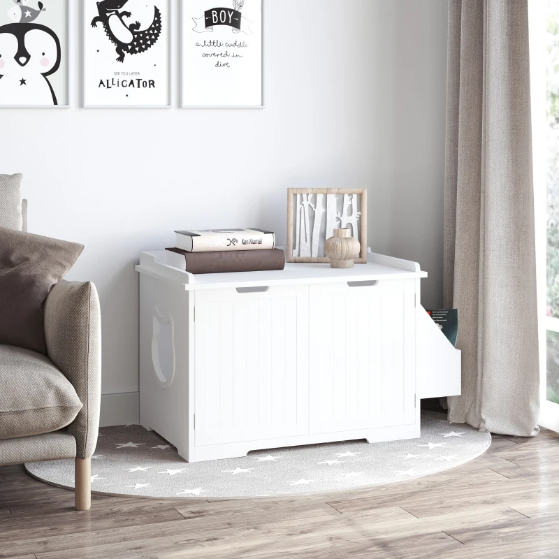 PawHut Mobile Lettiera per Gatti a 2 Ante, Portaoggetti Laterale e Foro d'Ingresso a Forma di Gatto, 88.5x48x51.5cm, Bianco