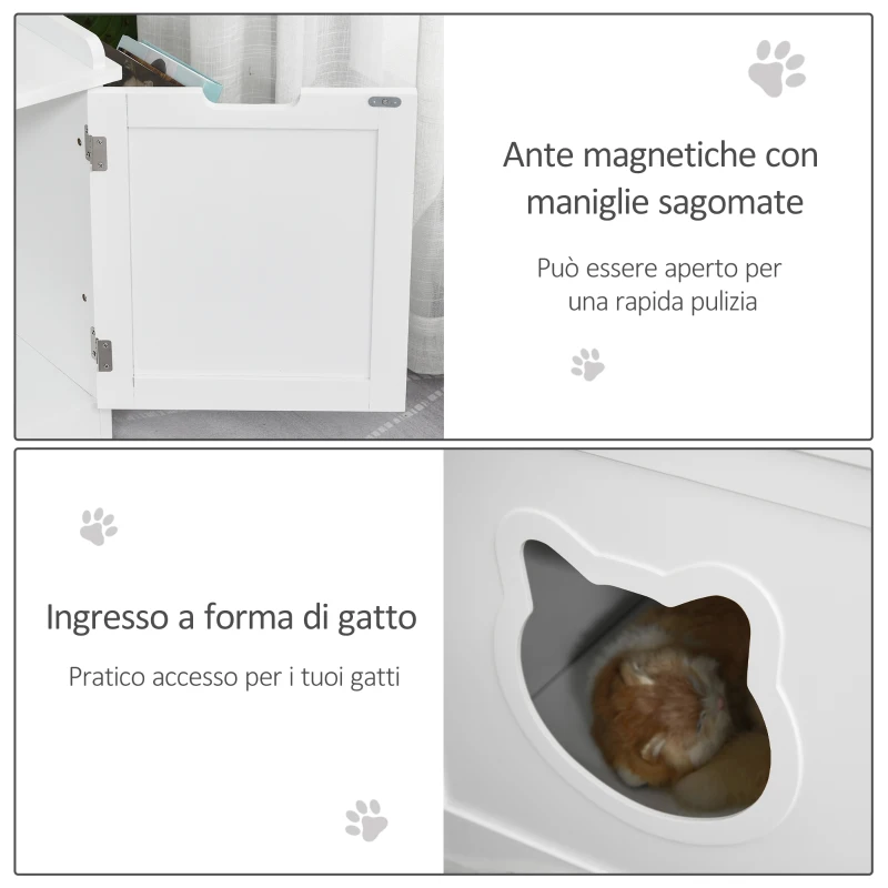 PawHut Mobile Lettiera per Gatti a 2 Ante, Portaoggetti Laterale e Foro d'Ingresso a Forma di Gatto, 88.5x48x51.5cm, Bianco