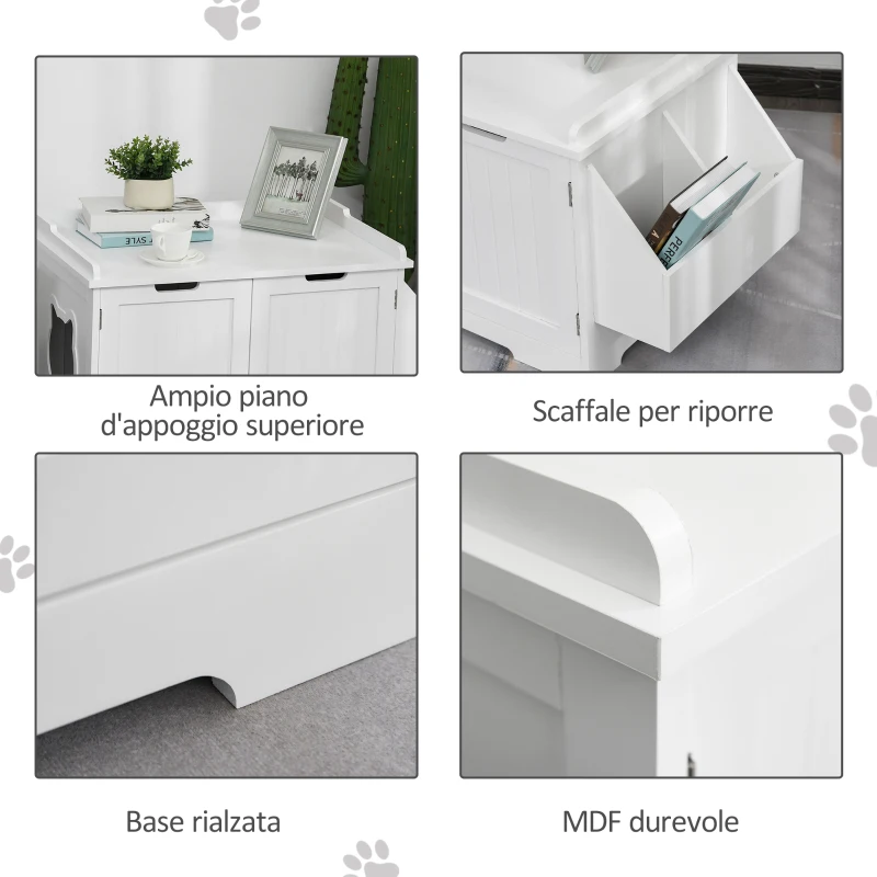 PawHut Mobile Lettiera per Gatti a 2 Ante, Portaoggetti Laterale e Foro d'Ingresso a Forma di Gatto, 88.5x48x51.5cm, Bianco