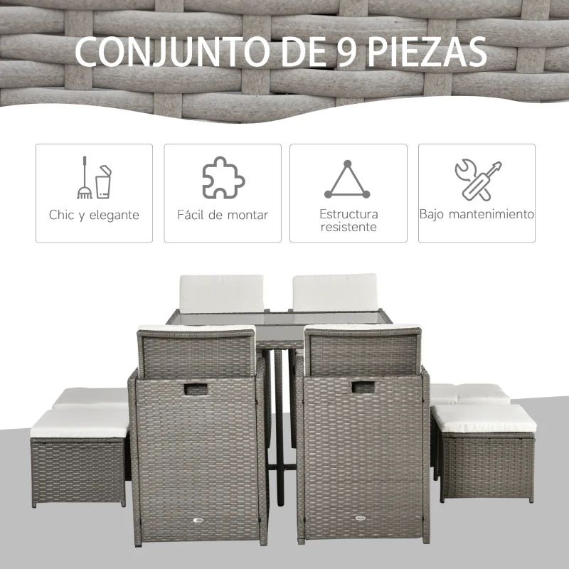 Outsunny Conjunto de Muebles de Jardín 9 Piezas de Ratán para Comedor Sillas Apilables con Cojines Extraíbles Lavables Mesa de Vidrio Templado para Exterior Patio Terraza Gris