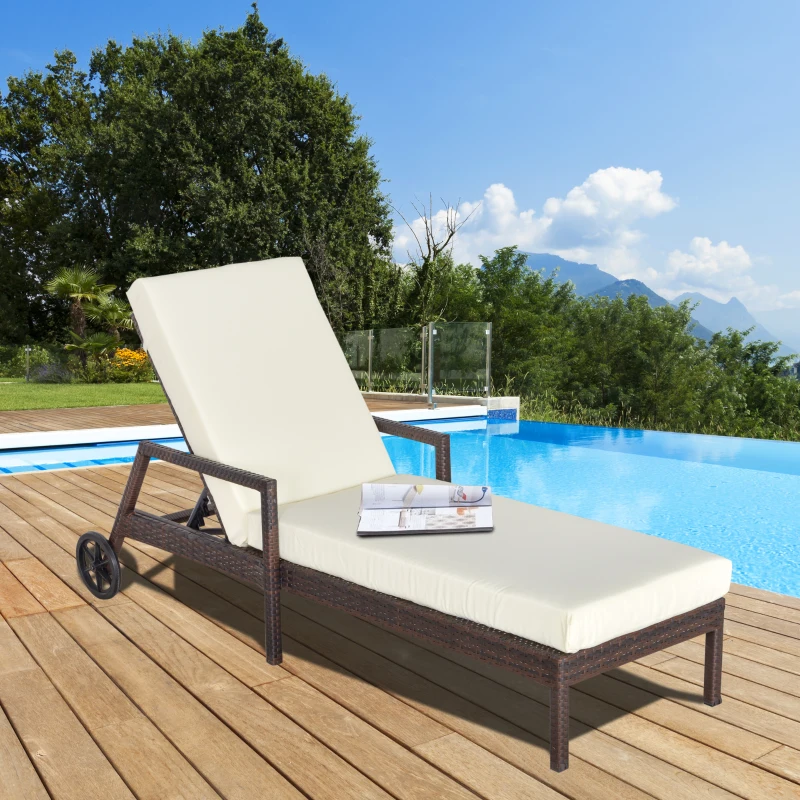 Outsunny Tumbona de Ratán de Jardín con Cojines Acolchados Respaldo Ajustable en 5 Posiciones 2 Ruedas y Tela Extraíble Lavable Carga 160 kg 67x196x96 cm Crema