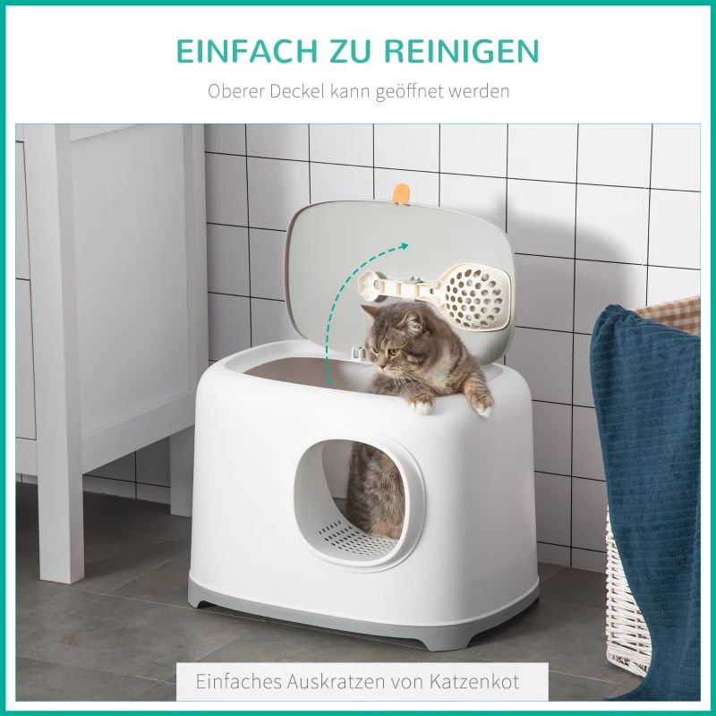 PawHut kattenbak met kap kattenbak met rooster bodemdeksel kunststof wit(m-6)