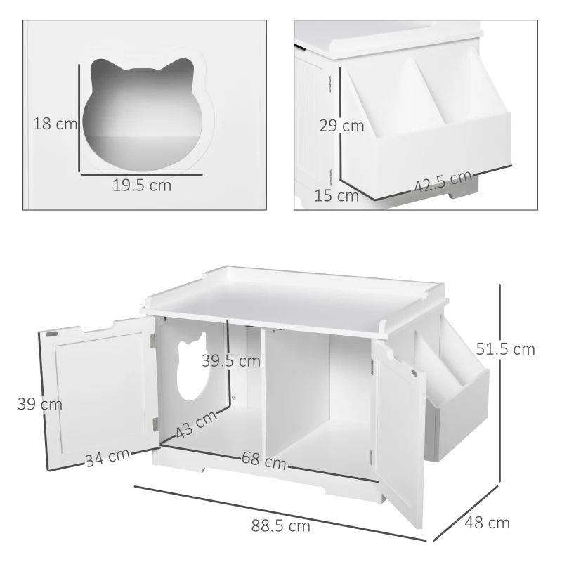 PawHut Mobile Lettiera per Gatti a 2 Ante, Portaoggetti Laterale e Foro d'Ingresso a Forma di Gatto, 88.5x48x51.5cm, Bianco