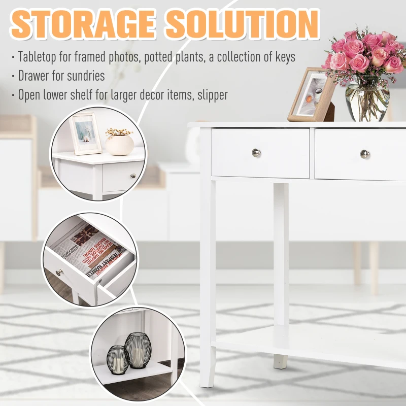 HOMCOM Wooden Console Table with 2 Drawers and 1 Storage Shelf for Living Room Entryway, White