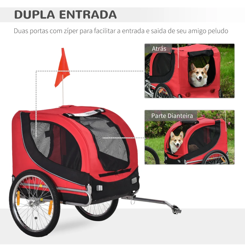 PawHut Reboque de Bicicleta para Cães Reboque de Bicicleta para Animais de Estimação com Bandeira Reflectores 130x73x90cm Vermelho