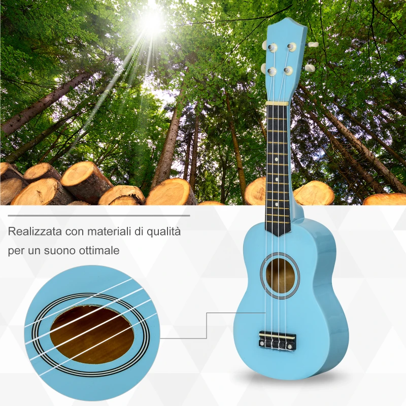 HOMCOM Ukulele Soprano da 21" in Legno Celeste con 4 Corde in Nylon e 2 Plettri