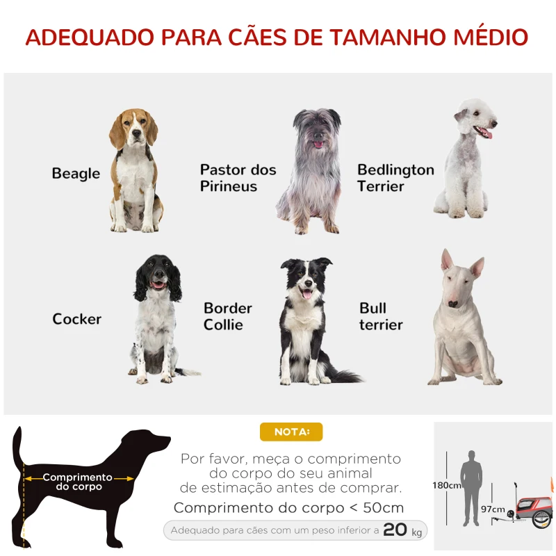 PawHut Reboque de Bicicleta para Cães 2 em 1 Carrinho para Animais de Estimação com Porta Enrolável Cinto de Segurança Bandeira e Refletores 130x64x97cm Vermelho e Cinza
