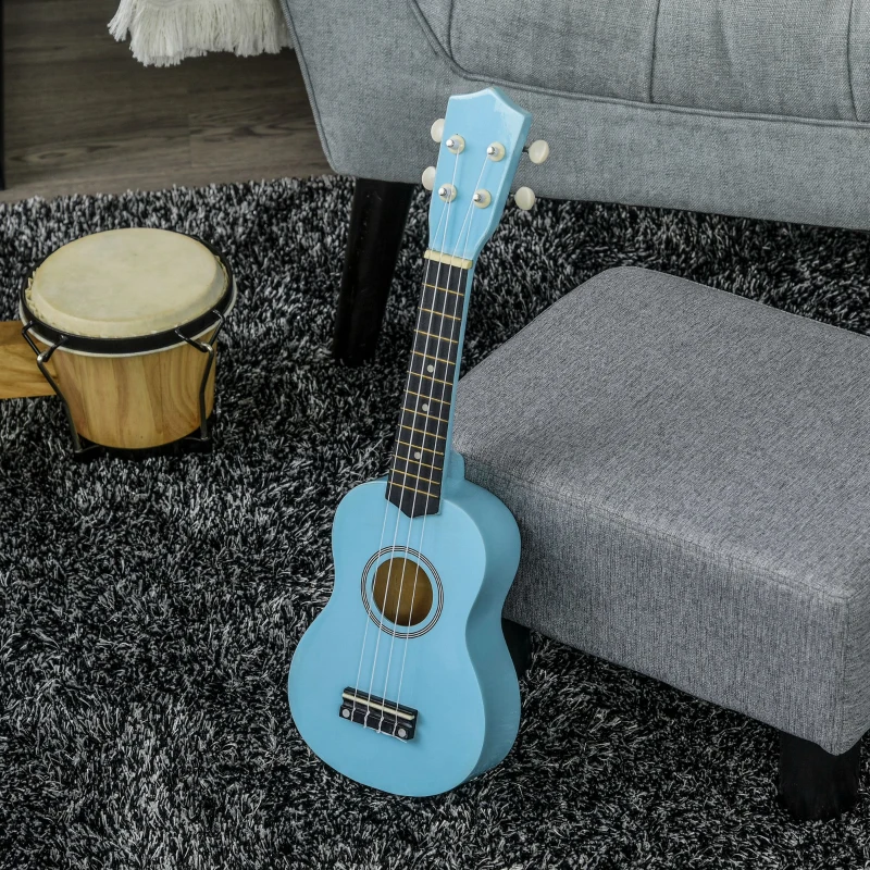 HOMCOM Ukulele Soprano da 21" in Legno Celeste con 4 Corde in Nylon e 2 Plettri