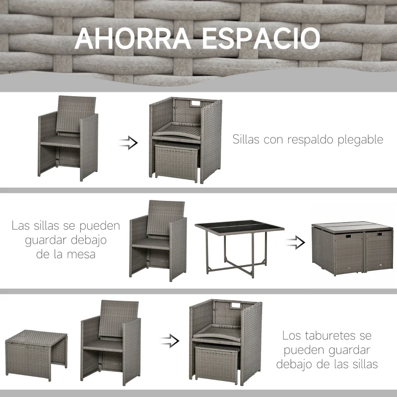Outsunny Conjunto de Muebles de Jardín 9 Piezas de Ratán para Comedor Sillas Apilables con Cojines Extraíbles Lavables Mesa de Vidrio Templado para Exterior Patio Terraza Gris