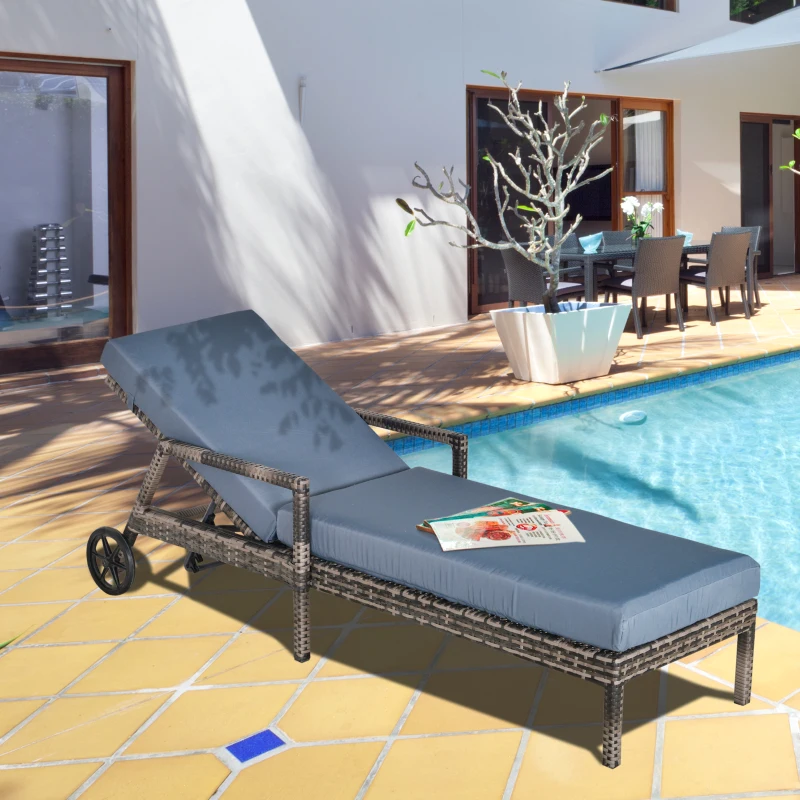 Outsunny Tumbona de Ratán de Jardín con Cojines Acolchados Respaldo Ajustable en 5 Posiciones 2 Ruedas y Tela Extraíble Lavable Carga 160 kg 196x67x96 cm Gris