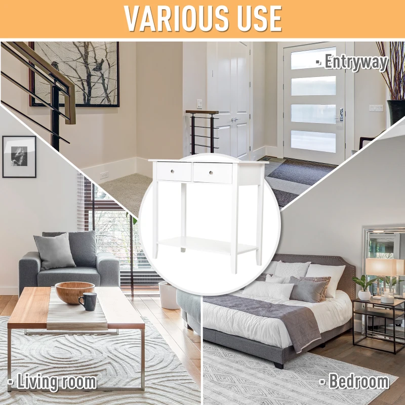 HOMCOM Wooden Console Table with 2 Drawers and 1 Storage Shelf for Living Room Entryway, White